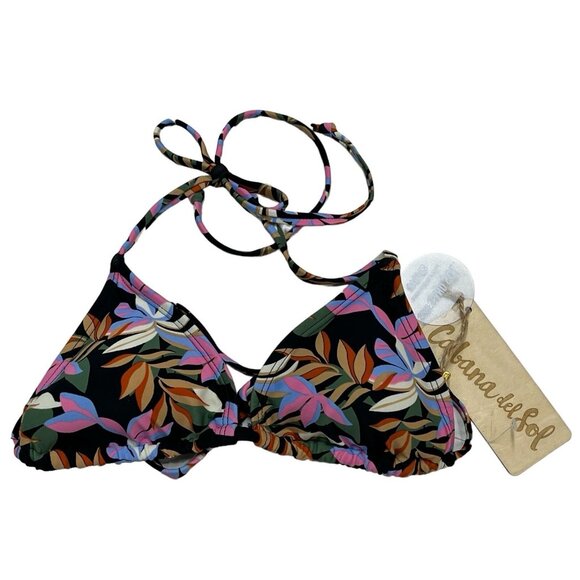 Cabana Del Sol Triangle Bikini Top Women XS Black Floral Tropical Vacation Beach - Picture 1 of 4